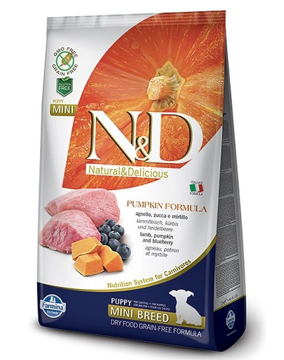 Farmina n d gf puppy mini pumpkin lamb blueberry hrana uscata caini juniori talie mica 7 kg + hrana uscata 4x100g gratis