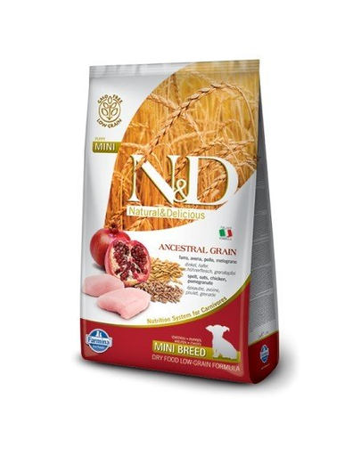 Farmina n d mini puppy low grain chicken pomegranate hrana uscata caini juniori talie mica, pui si rodie 7 kg + hrana uscata 4x100g gratis