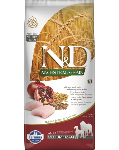 Farmina n d ancestral grain dog adult medium maxi chicken pomegranate 12 kg + hrana uscata 5x100g gratis