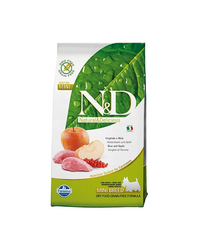 FARMINA N&D Adult Mini Boar&Apple hrana uscata caini adulti talie mica, mistret si mar 7 kg + hrana uscata 4x100g GRATIS