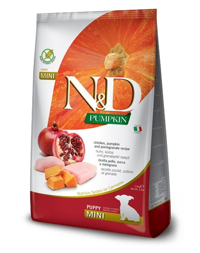 Farmina n d pumpkin puppy mini hrana uscata caini juniori talie mica, cu pui, dovleac, rodie 7 kg + hrana uscata 4x100g gratis