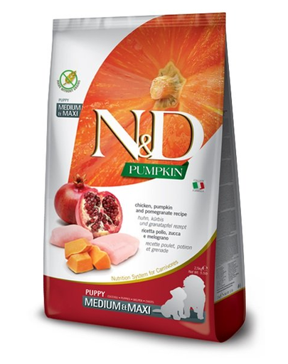 Farmina n d pumpkin dog puppy medium maxi hrana uscata caini juniori talie medie/mare 12 kg + hrana uscata 5x100g gratis