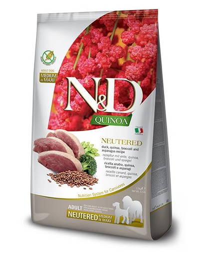 FARMINA N&D Quinoa Dog Neutered Adult Madium&Maxi hrana uscata caini adulti, dupa sterilizare 12 kg + hrana uscata 5x100g GRATIS