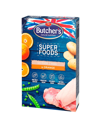 BUTCHER'S Superfoods Treats recompense cu rață și portocale 320 g