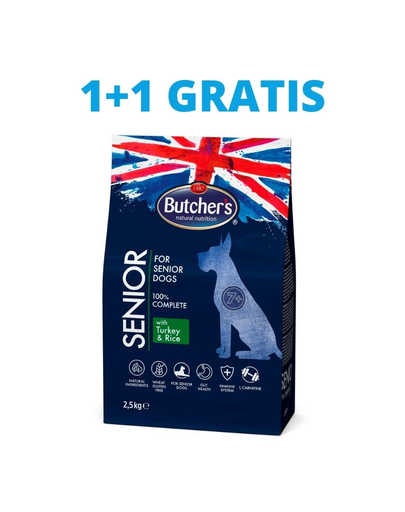 BUTCHER\'S Functional Senior Dog hrana uscata caini seniori, curcan si orez 2 x 2,5kg (1 + 1 GRATIS)