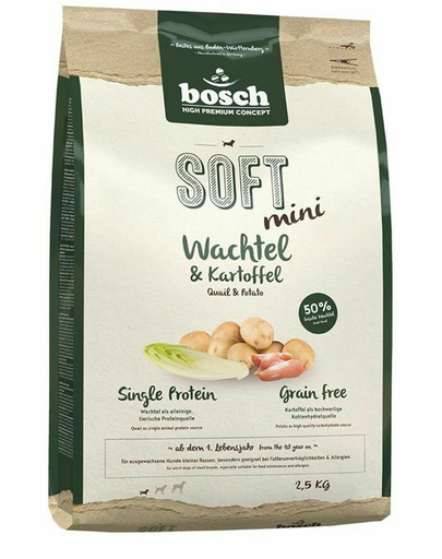 Bosch soft mini - hrană uscată pentru câini de rase mici cu prepeliță și cartofi 2,5 kg