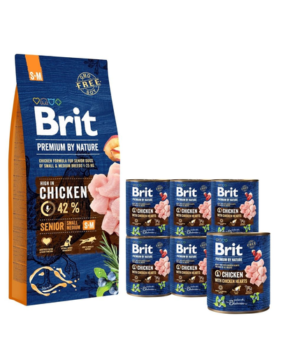 BRIT Premium By Nature Hrana uscata pentru cainii adulti de talie mica S+M 15 kg + 6 x 800 g hrana umeda BRIT