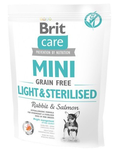BRIT Care Grain Free Mini Light&Sterilised hrana uscata caini adulti talie mica cu tendinta de ingrasare, somon si iepure 400g 400g