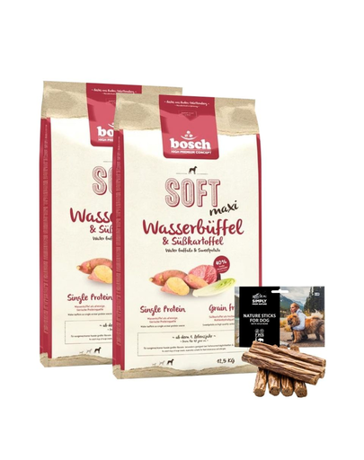 Bosch soft maxi hrana uscata pentru caini talie mare, bivol si cartofi dulcei 2 x 12,5 kg + recompense sticks 7 buc