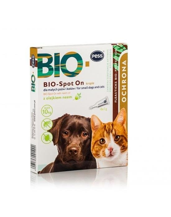 PESS BIO Spot-on picaturi protectie anti-capuse, purici pentru caini mici  si pisici 4x1 g cu ulei de neem