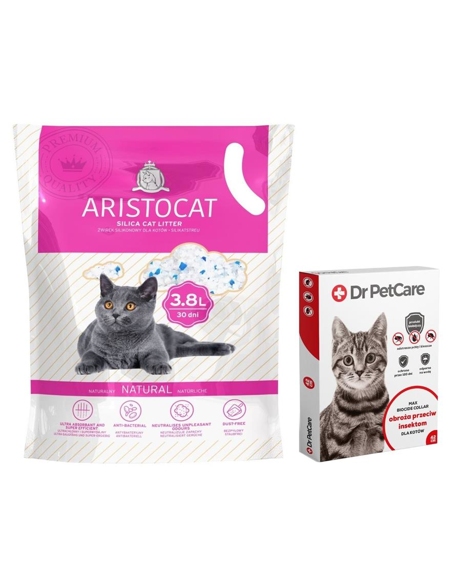 Dr PetCare MAX zgarda protectie pisici impotriva puricilor si a insectelor  42 cm + ARISTOCAT Nisip pentru litiera pisicilor, silica fara miros 3.8 L